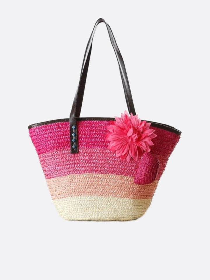 Cabas paille fleurs rose